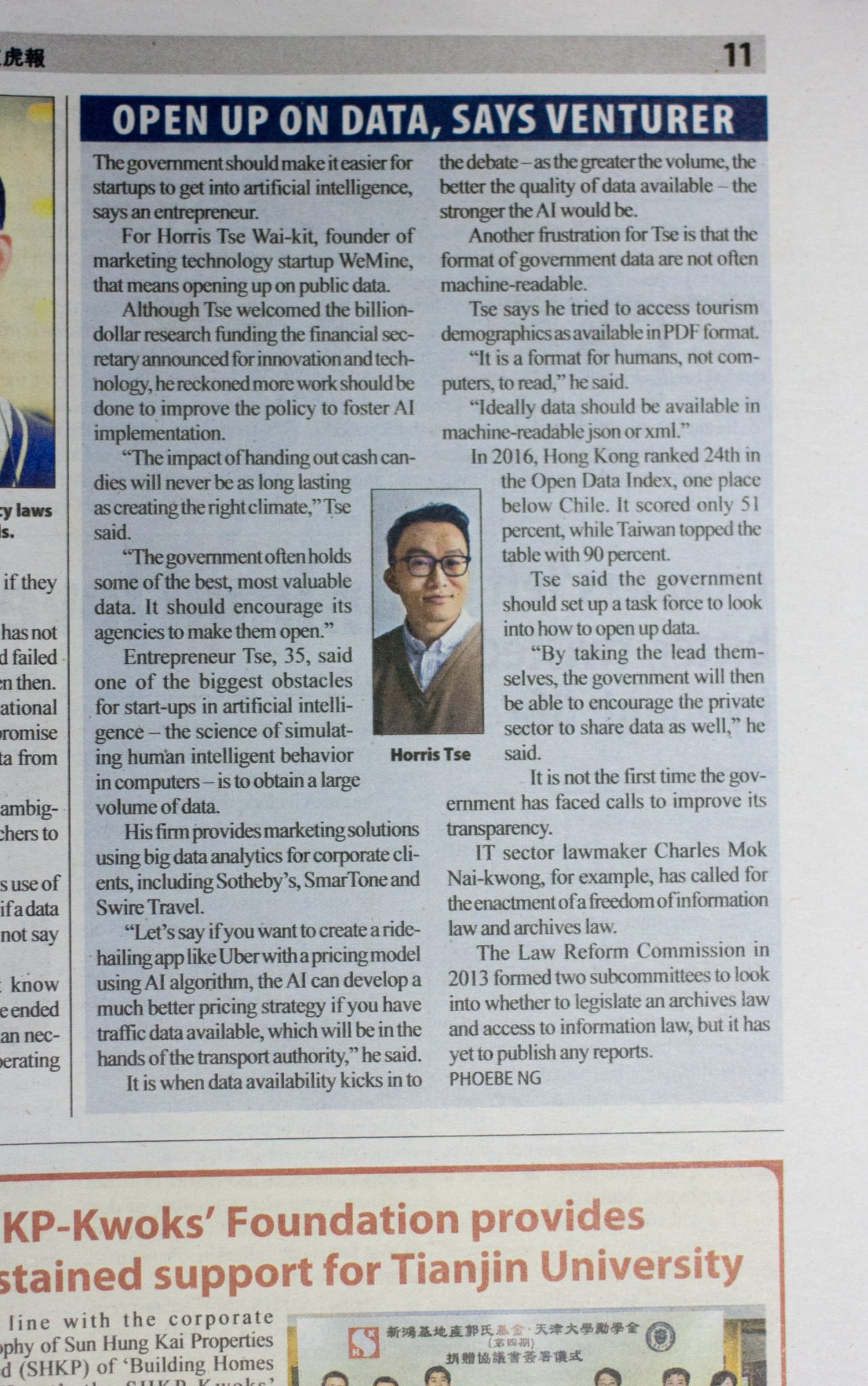 Newspaper clipping: Open up on data, says venturer — The Standard, 6 April 2018